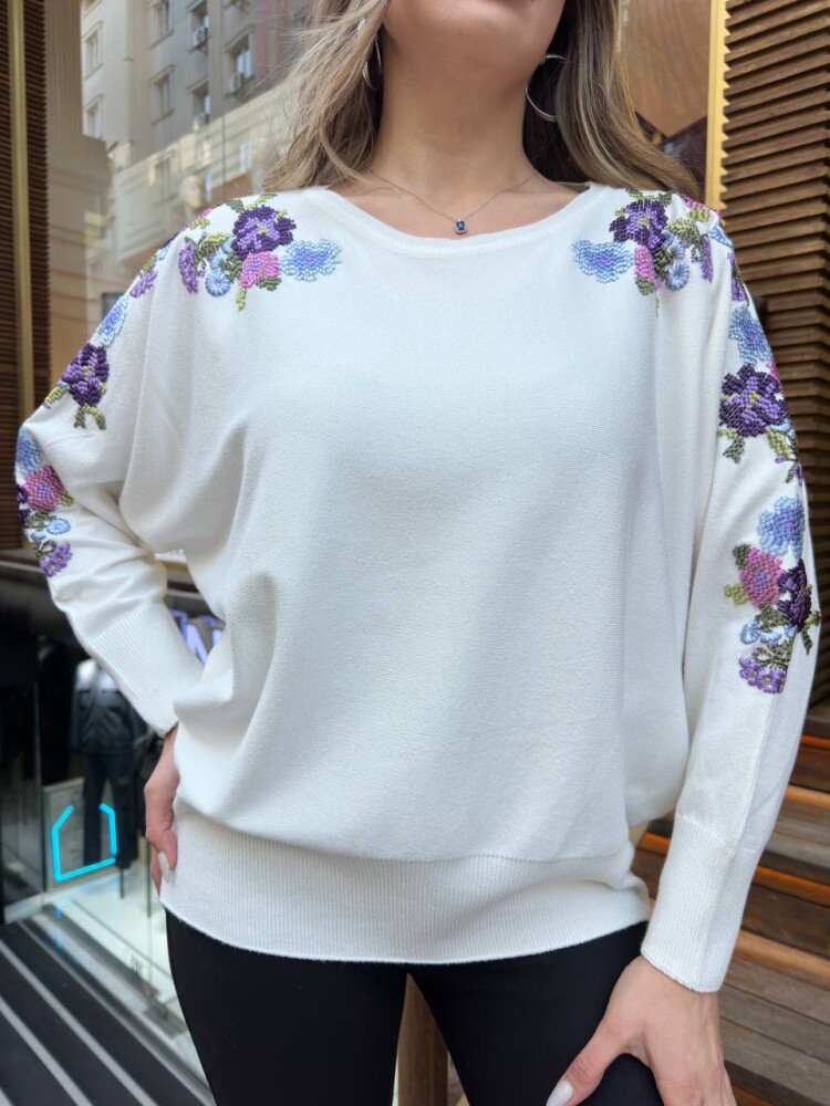 Triko Kazak Renkli Nakışlı Ekru - 31281 | KAZEE (3'lü Set L-XL-2XL) - 4