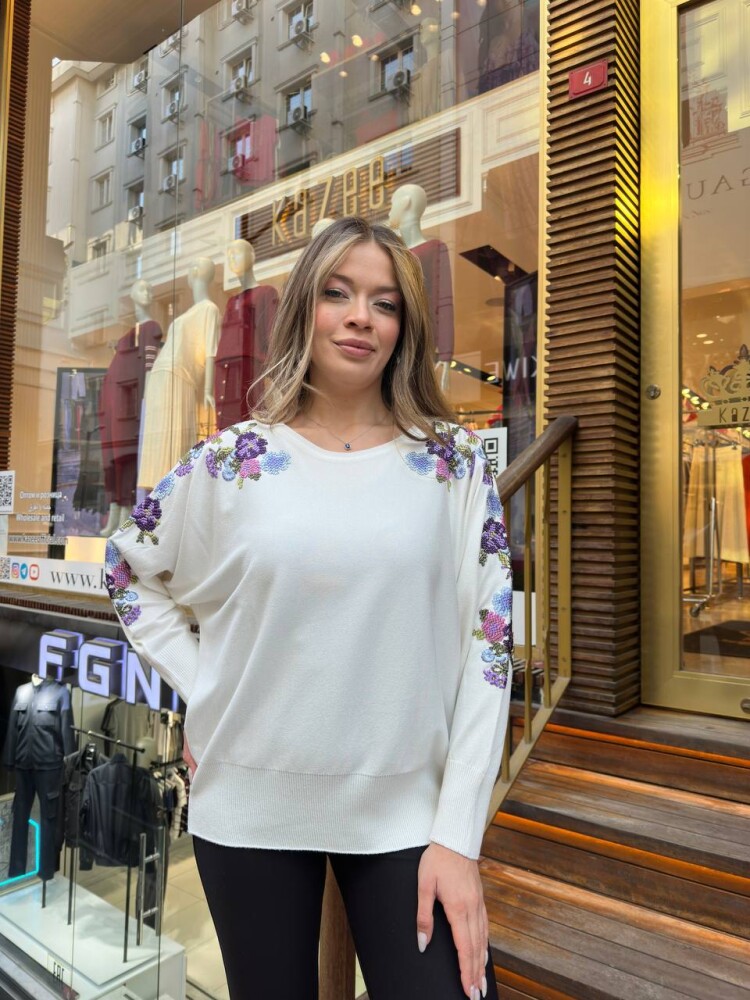 Triko Kazak Renkli Nakışlı Ekru - 31281 | KAZEE (3'lü Set L-XL-2XL) - 1