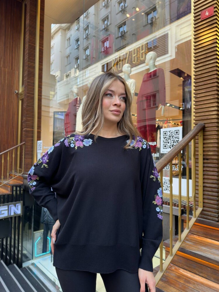 Triko Kazak Renkli Nakışlı Siyah - 31281 | KAZEE (3'lü Set L-XL-2XL) - 3