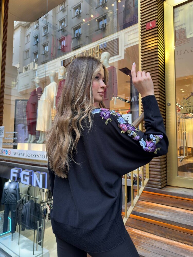 Triko Kazak Renkli Nakışlı Siyah - 31281 | KAZEE (3'lü Set L-XL-2XL) - 6