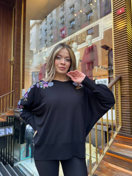 Triko Kazak Renkli Nakışlı Siyah - 31281 | KAZEE (3'lü Set L-XL-2XL) - KAZEE