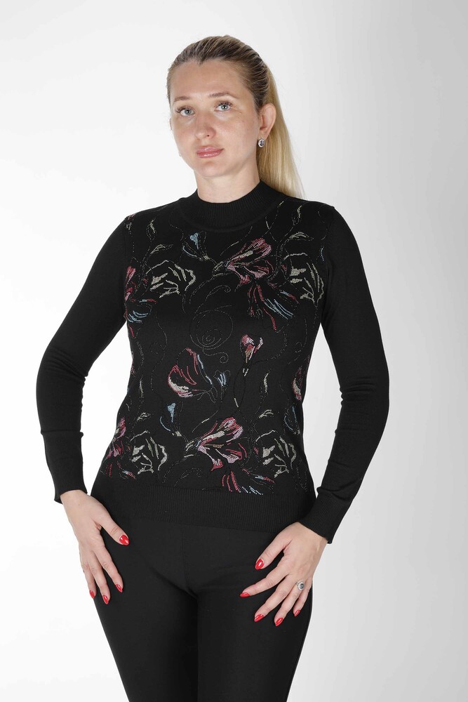 Triko Kazak Renkli Taş İşlemeli Siyah - 30593 | KAZEE (4'lü Set M-L-XL-2XL) - 1