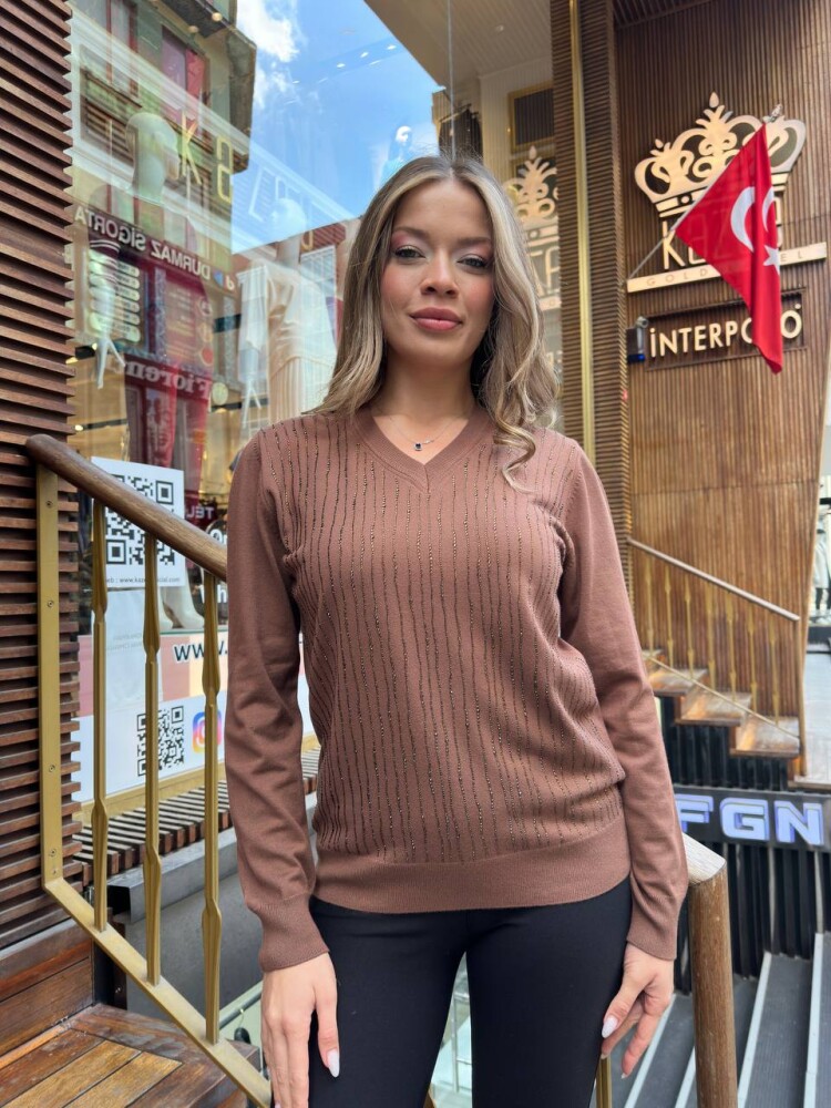 Triko Kazak Şerit Taş İşlemeli Kahve - 31500 | KAZEE (3'lü Set L-XL-2XL) - 3