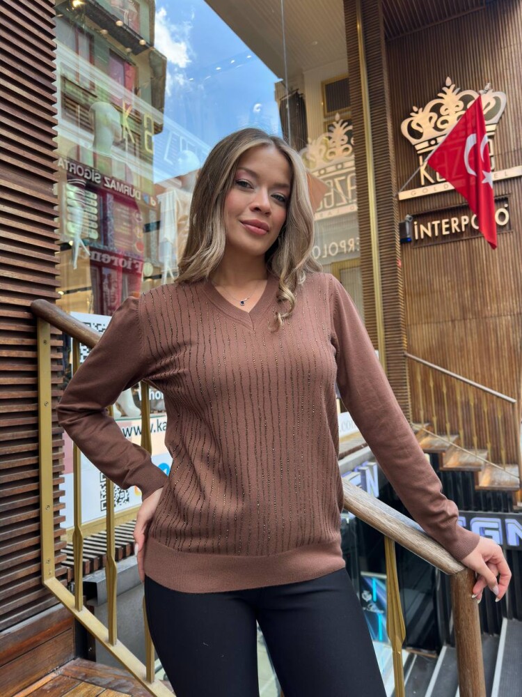 Triko Kazak Şerit Taş İşlemeli Kahve - 31500 | KAZEE (3'lü Set L-XL-2XL) - 1