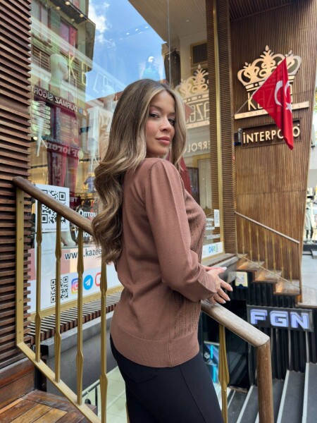 Triko Kazak Şerit Taş İşlemeli Kahve - 31500 | KAZEE (3'lü Set L-XL-2XL) - 6