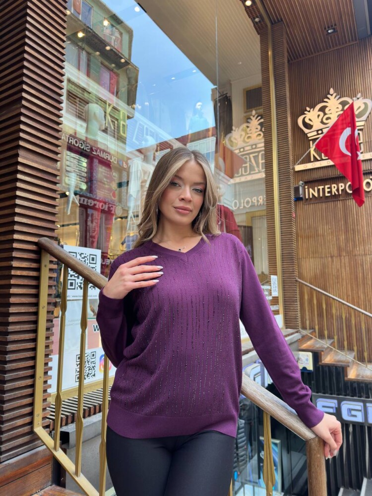 Triko Kazak Şerit Taş İşlemeli Mor - 31500 | KAZEE (3'lü Set L-XL-2XL) - 1