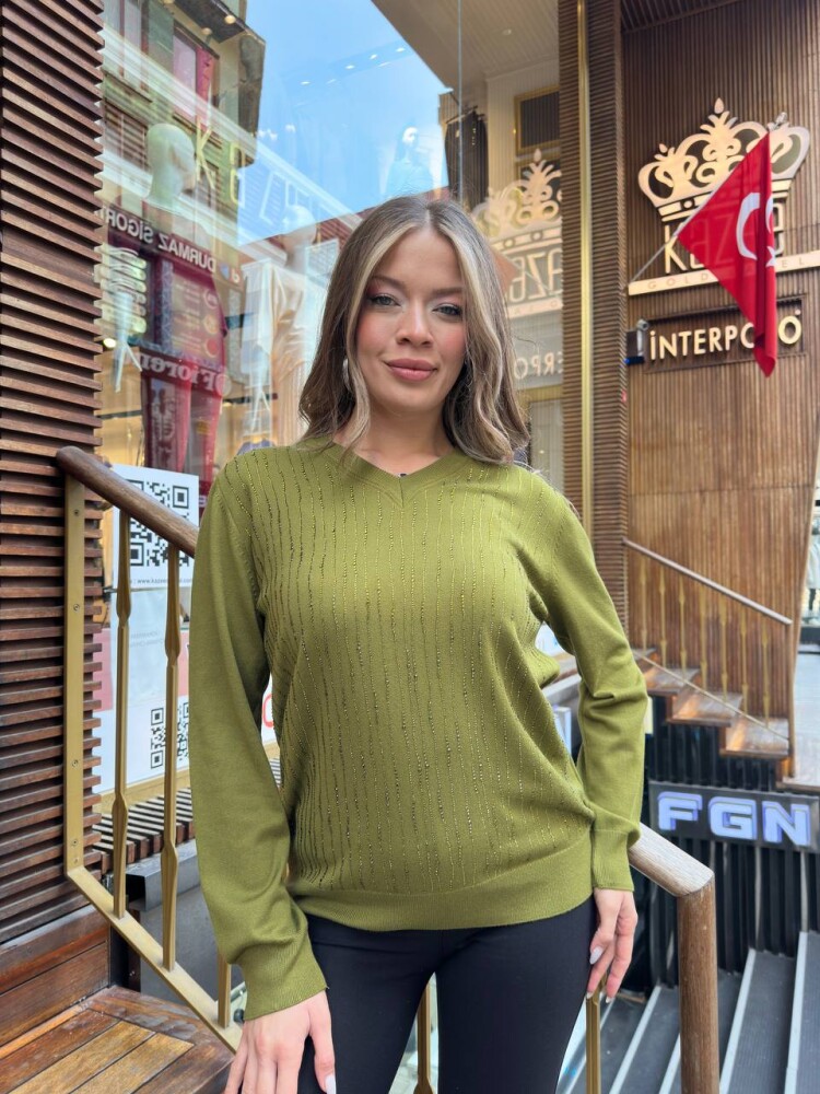 Triko Kazak Şerit Taş İşlemeli Yeşil - 31500 | KAZEE (3'lü Set L-XL-2XL) - 1