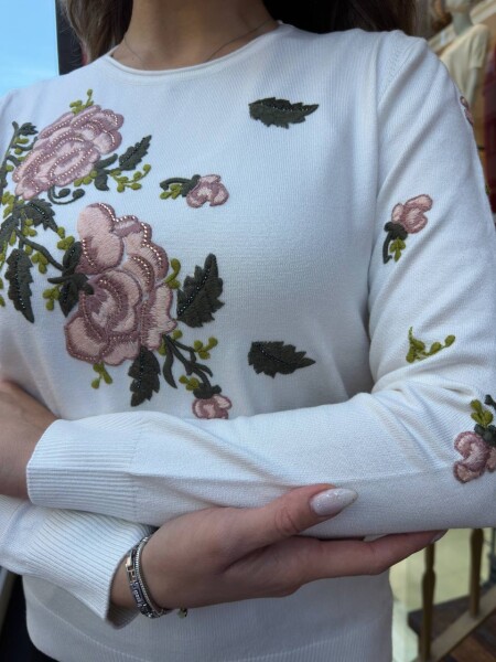 Triko Kazak Taş İşlemeli Ekru - 32035 | KAZEE (3'lü Set M-L-XL) - 5