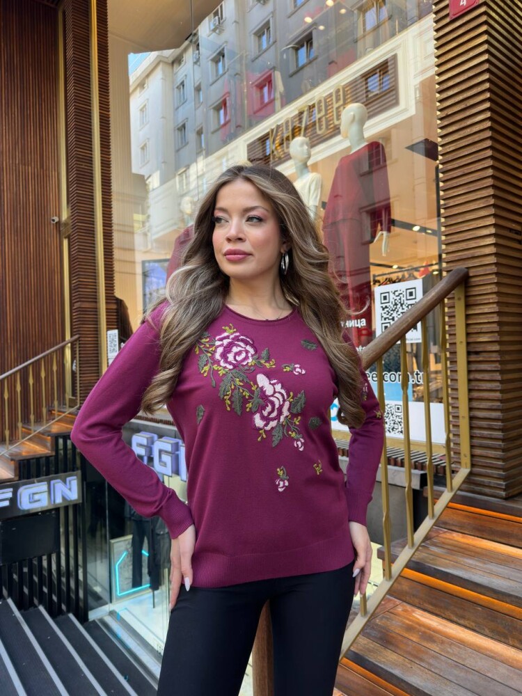 Triko Kazak Taş İşlemeli Fuşya - 32035 | KAZEE (3'lü Set M-L-XL) - 2