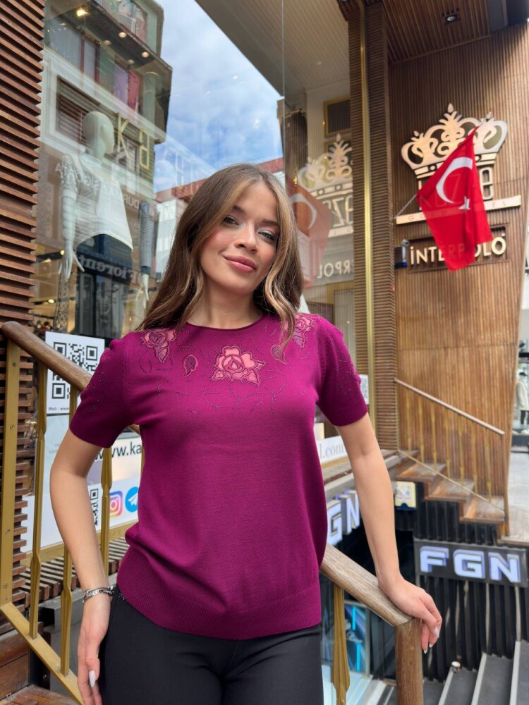 Triko Kazak Taş İşlemeli Fuşya - 32209 | KAZEE (3'lü Set L-XL-2XL) - 1