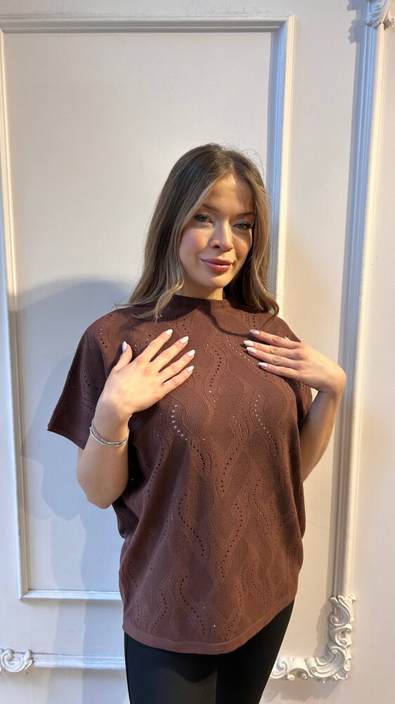 Triko Kazak Taş İşlemeli Kahve - 31920 | KAZEE (3'lü Set L-XL-2XL) - 1