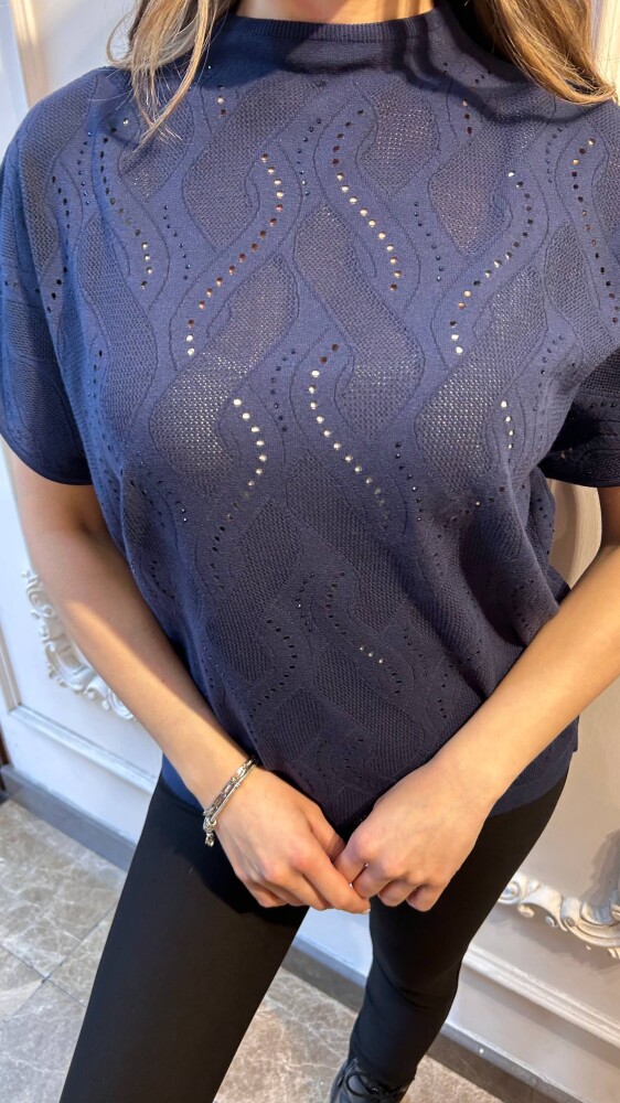 Triko Kazak Taş İşlemeli Lacivert - 31920 | KAZEE (3'lü Set L-XL-2XL) - 2