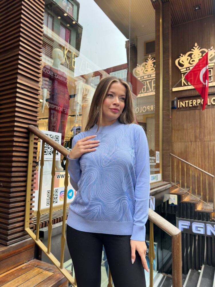 Triko Kazak Taş İşlemeli Mavi - 32065 | KAZEE (3'lü Set L-XL-2XL) - 2