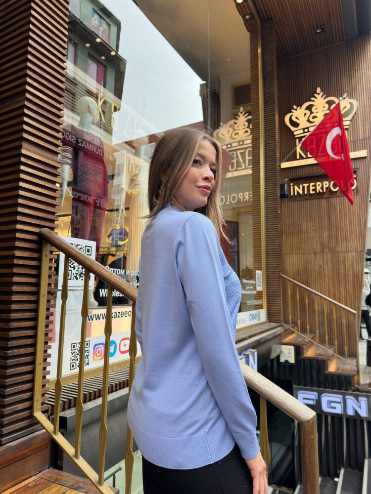 Triko Kazak Taş İşlemeli Mavi - 32065 | KAZEE (3'lü Set L-XL-2XL) - 6