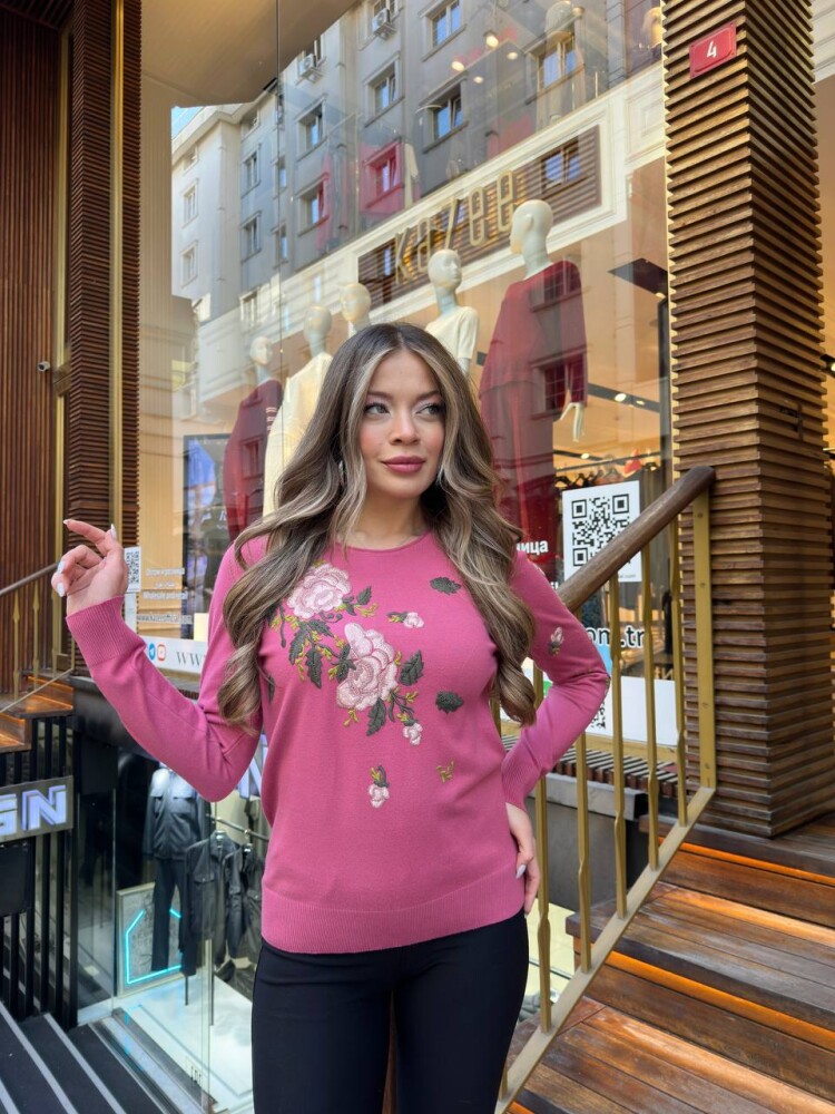 Triko Kazak Taş İşlemeli Pembe - 32035 | KAZEE (3'lü Set M-L-XL) - 1