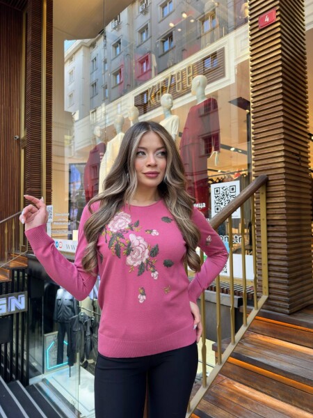 Triko Kazak Taş İşlemeli Pembe - 32035 | KAZEE (3'lü Set M-L-XL) - KAZEE