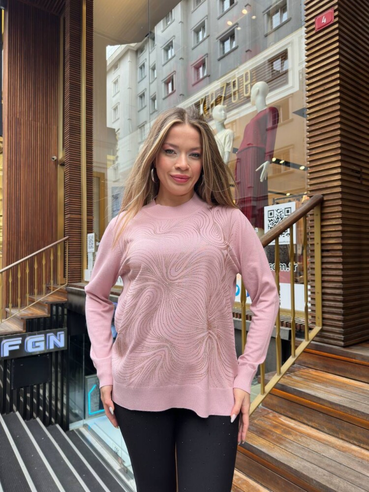 Triko Kazak Taş İşlemeli Pudra - 32065 | KAZEE (3'lü Set L-XL-2XL) - 1