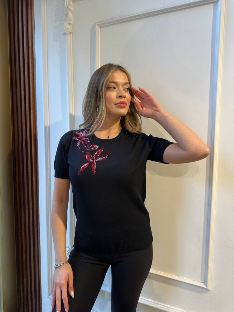 Triko Kazak Taş İşlemeli Siyah - 31051 | KAZEE (3'lü Set S-M-L) - 2