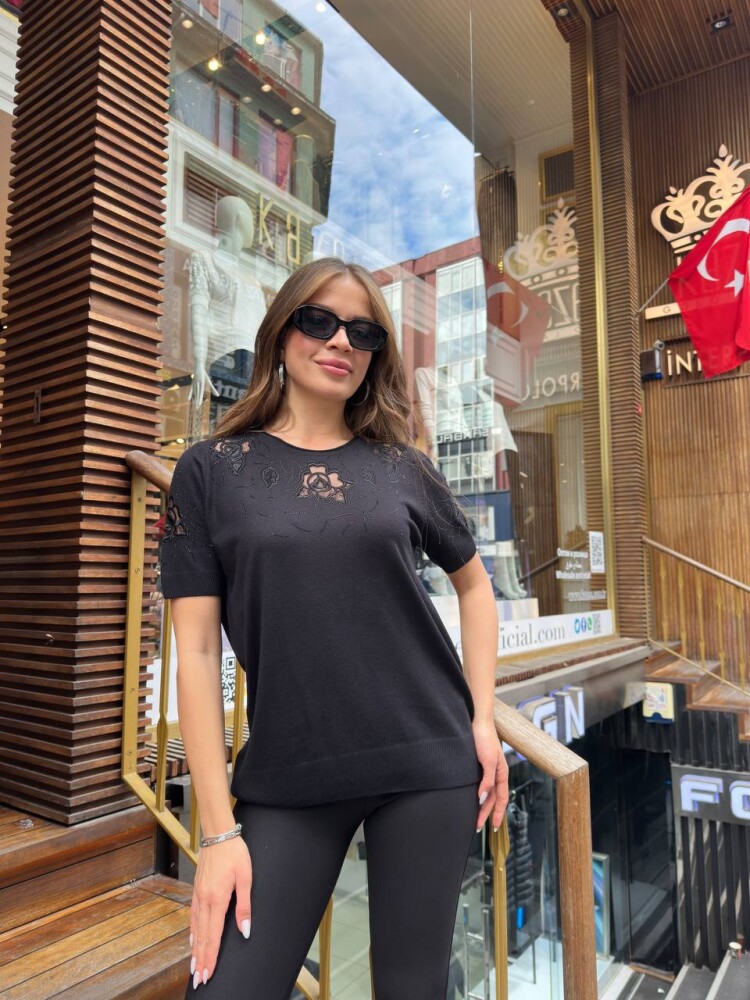 Triko Kazak Taş İşlemeli Siyah - 32209 | KAZEE (3'lü Set L-XL-2XL) - 1