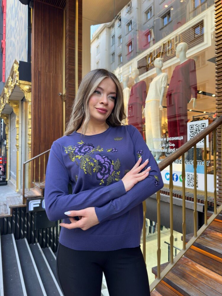 Triko Kazak Taş İşlemeli Violet - 32035 | KAZEE (3'lü Set M-L-XL) - 2