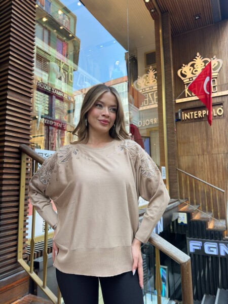 Triko Kazak Tül Detaylı Bej - 32174 | KAZEE (3'lü Set XL-2XL-3XL) - KAZEE (1)