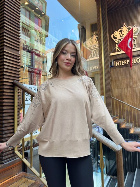 Triko Kazak Tül Detaylı Bej - 32174 | KAZEE (3'lü Set XL-2XL-3XL) - 3