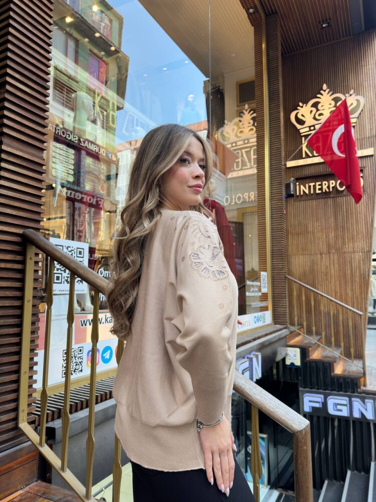 Triko Kazak Tül Detaylı Bej - 32174 | KAZEE (3'lü Set XL-2XL-3XL) - 6