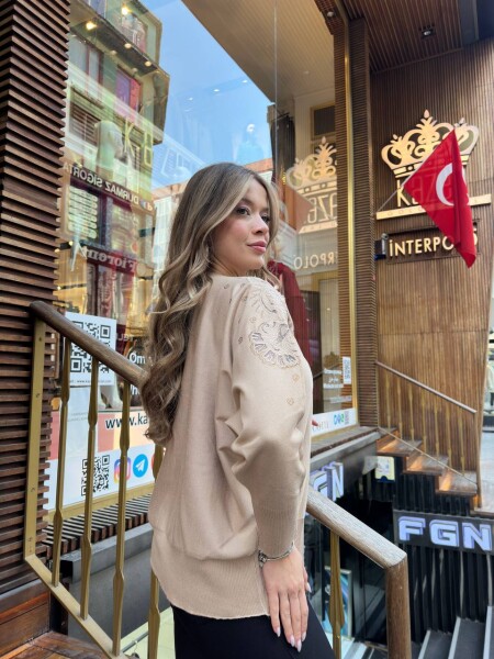 Triko Kazak Tül Detaylı Bej - 32174 | KAZEE (3'lü Set XL-2XL-3XL) - 6