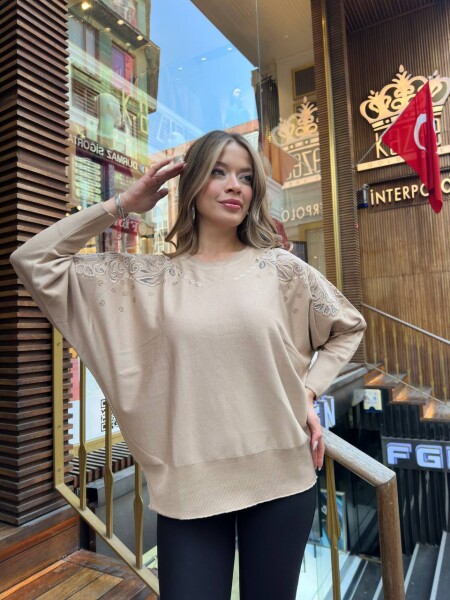 Triko Kazak Tül Detaylı Bej - 32174 | KAZEE (3'lü Set XL-2XL-3XL) - KAZEE