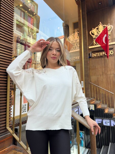 Triko Kazak Tül Detaylı Ekru - 32174 | KAZEE (3'lü Set XL-2XL-3XL) - KAZEE