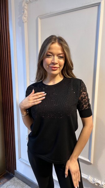 Triko Kazak Tül Detaylı Siyah - 31412 | KAZEE (4'lü Set M-L-XL-2XL) - KAZEE