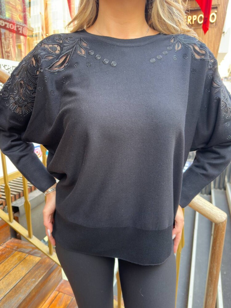 Triko Kazak Tül Detaylı Siyah - 32174 | KAZEE (3'lü Set XL-2XL-3XL) - 5