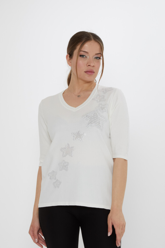 Triko Kazak Yıldız İşlemeli Ekru - 31779 | KAZEE (3'lü Set M-L-XL) - 2