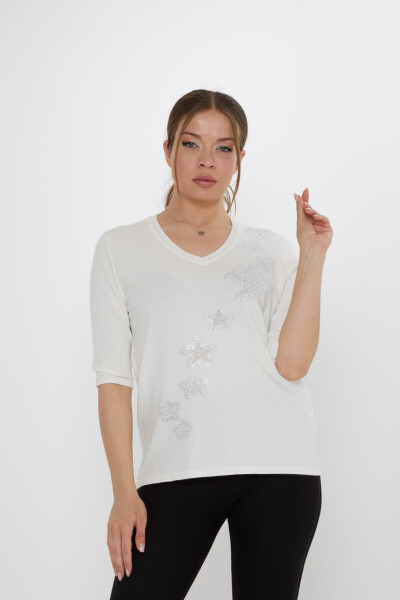 Triko Kazak Yıldız İşlemeli Ekru - 31779 | KAZEE (3'lü Set M-L-XL) - KAZEE 