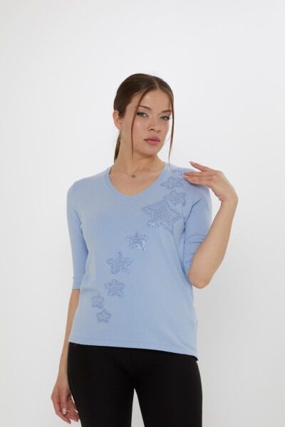 Triko Kazak Yıldız İşlemeli Mavi - 31779 | KAZEE (3'lü Set M-L-XL) - KAZEE 