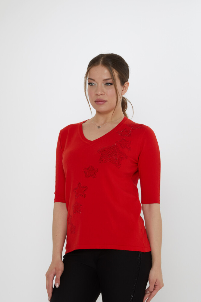 Triko Kazak Yıldız İşlemeli Nar Çiçeği - 31779 | KAZEE (3'lü Set M-L-XL) - 2