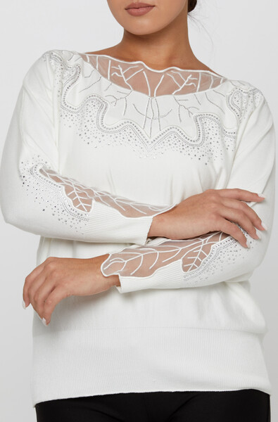 Трикотажный свитер с вышивкой камнями цвета экрю - 31227 | KAZEE (Набор из 3 шт. L-XL-2XL) - 3