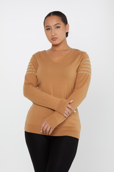 Tül Detaylı V Yaka Triko Kazak Camel- 2425-31007 | KAZEE (2'li Set M-2) - Kazee