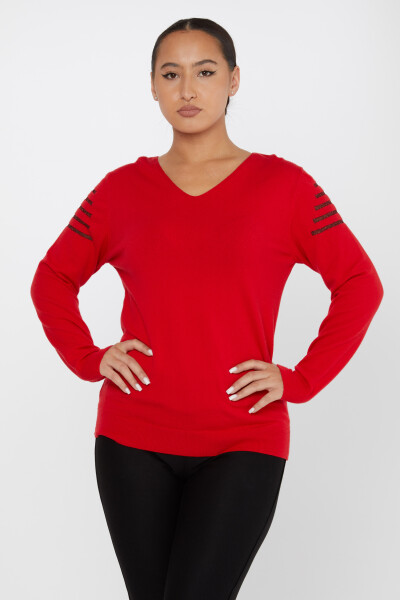 Tül Detaylı V Yaka Triko Kazak Kırmızı - 2425-31007 | KAZEE (2'li Set M-2) - Kazee