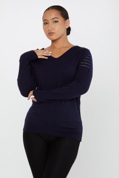 Tül Detaylı V Yaka Triko Kazak Lacivert- 2425-31007 | KAZEE (2'li Set M-2) - Kazee