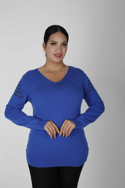 Tül Detaylı V Yaka Triko Kazak Mavi- 2425-31007 | KAZEE (2'li Set M-2) - Kazee