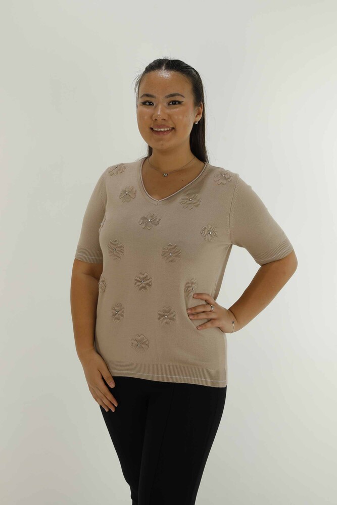 V Neck Short Sleeve Stone Knitwear Beige - 30814 | KAZEE - 1