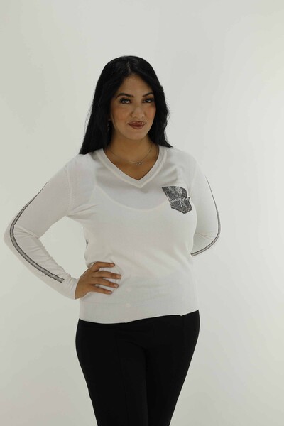 V Neck Stone Detailed Long Sleeve Knitwear Ecru - 30751 | KAZEE 
