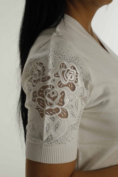 V Yaka Kısa Kol Nakışlı Triko Ekru- 30930 | KAZEE - 4
