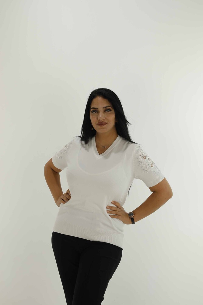 V Yaka Kısa Kol Nakışlı Triko Ekru- 30930 | KAZEE - 1