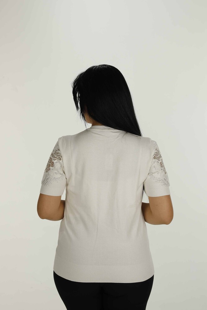 V Yaka Kısa Kol Nakışlı Triko Ekru- 30930 | KAZEE - 5