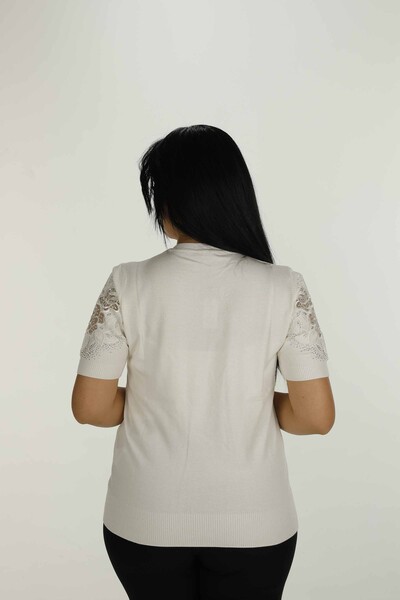 V Yaka Kısa Kol Nakışlı Triko Ekru- 30930 | KAZEE - 5