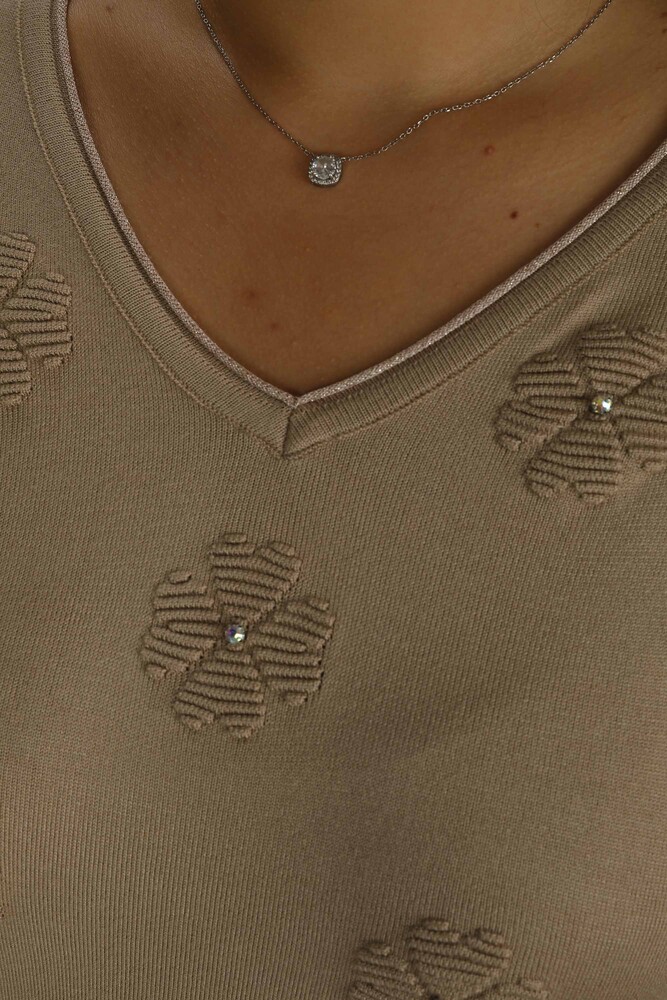 V Yaka Kısa Kollu Taşlı Triko Bej - 30814 | KAZEE - 5