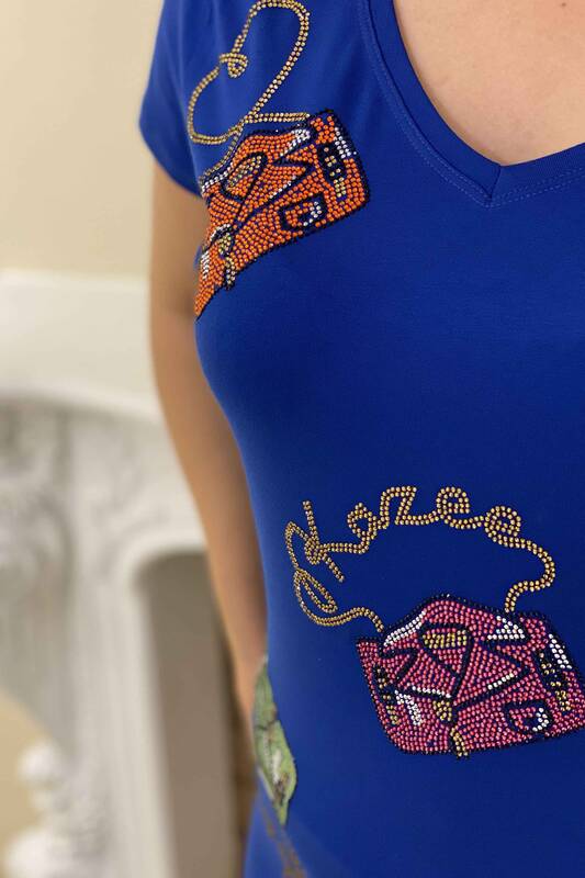 Toptan Kadın Bluz Renkli Taş Detaylı V Yaka - 77752 | Kazee