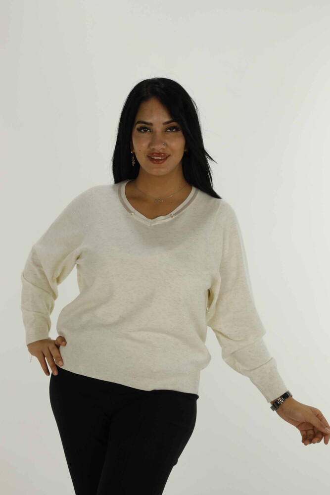 V Yaka Uzun Kol Simli Triko Ekru- 31029 | KAZEE - 1